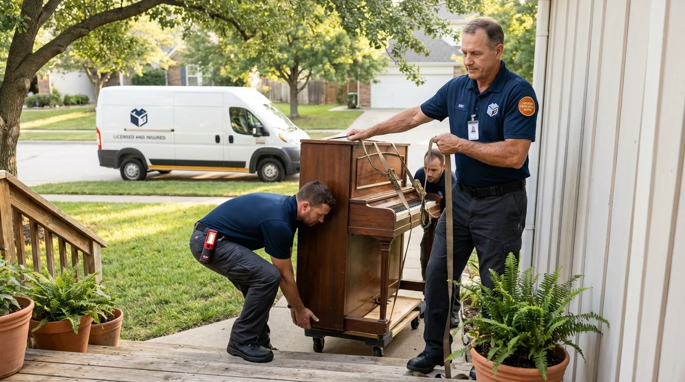 Licensed piano movers securing grand piano in Sanford, NC