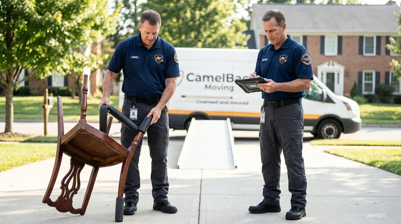 Movers inspecting furniture for damage prevention before loading in Sanford, NC