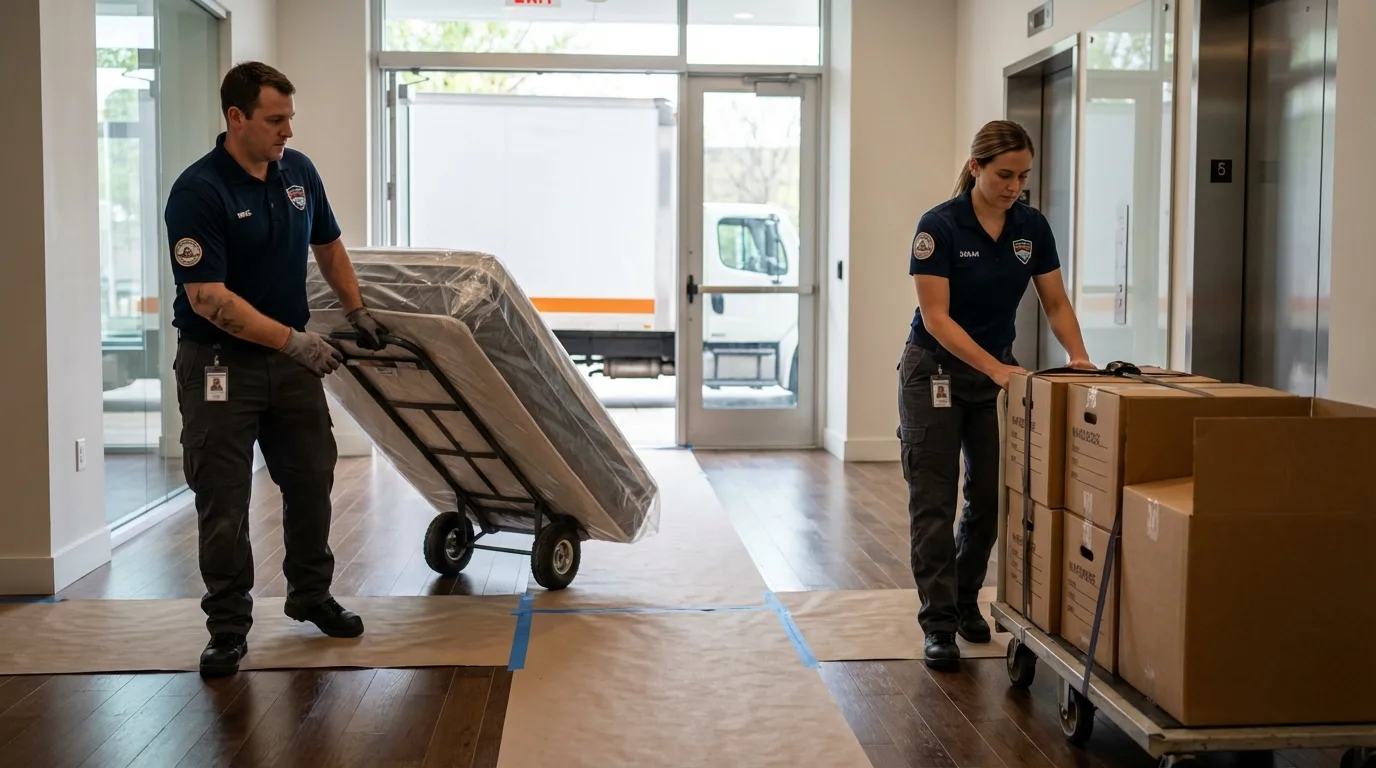Professional apartment movers loading elevator in Sanford, NC